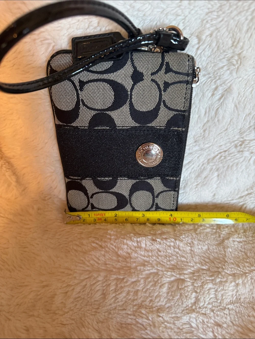 Coach Signature Jacquard Wristlet Black Grey Monogram Logo Medallion Zip Pouch